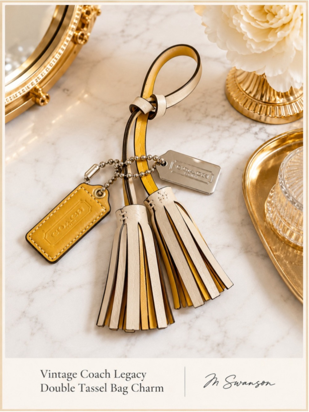 Vintage Coach Legacy Double Tassel Leather Bag Charm Fob Parchment 2012–2013